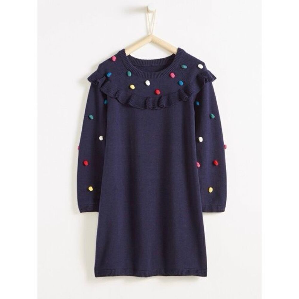 Hanna Andersson Girls 8 (130) Navy Multicolored Pom Pom Cotton Sweater Dress